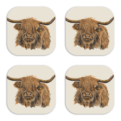 Highland Cow Luxury Wooden Coasters Set Of 4 | Hand Drawn Artwork - Art by Jay | Wildlife Art