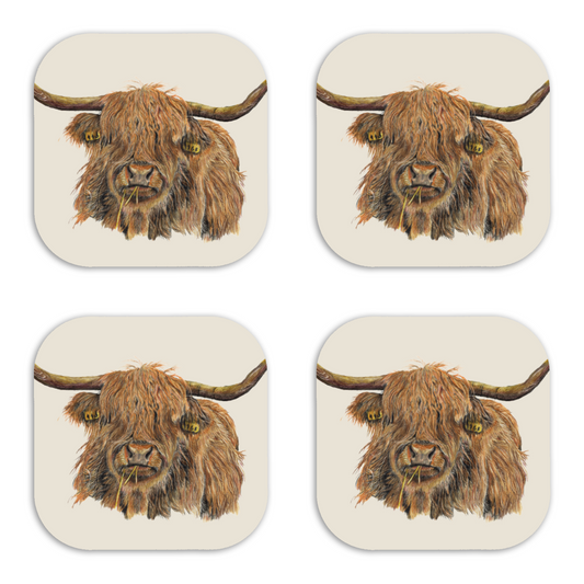 Highland Cow Luxury Wooden Coasters Set Of 4 | Hand Drawn Artwork