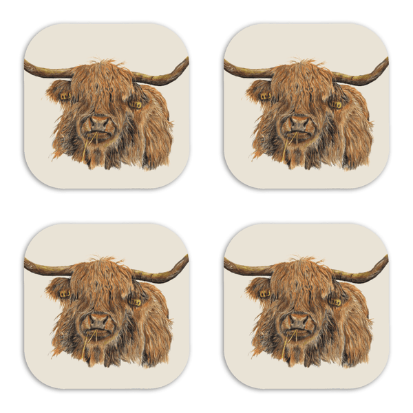 Highland Cow Luxury Wooden Coasters Set Of 4 | Hand Drawn Artwork - Art by Jay | Wildlife Art