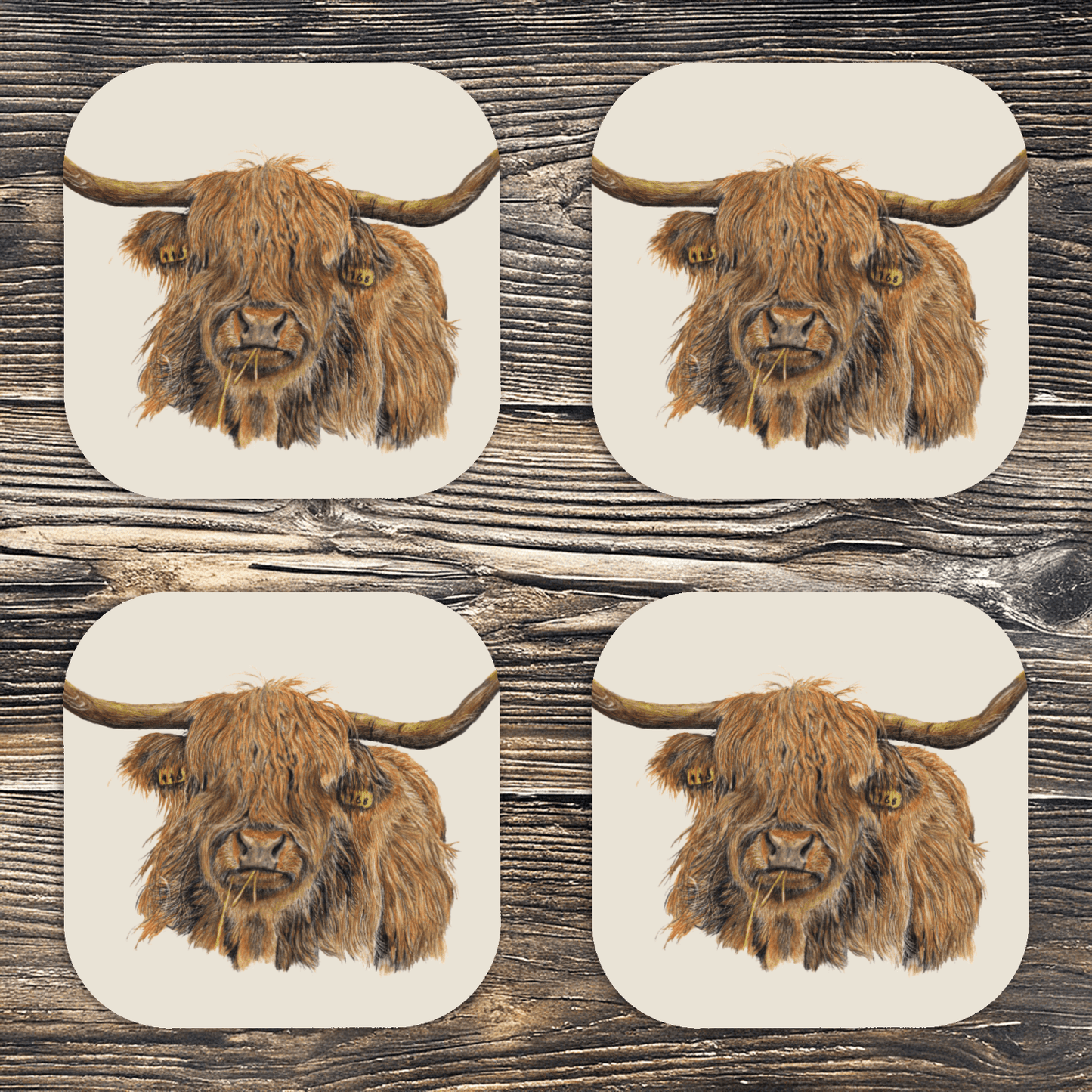 Highland Cow Luxury Wooden Coasters Set Of 4 | Hand Drawn Artwork - Art by Jay | Wildlife Art