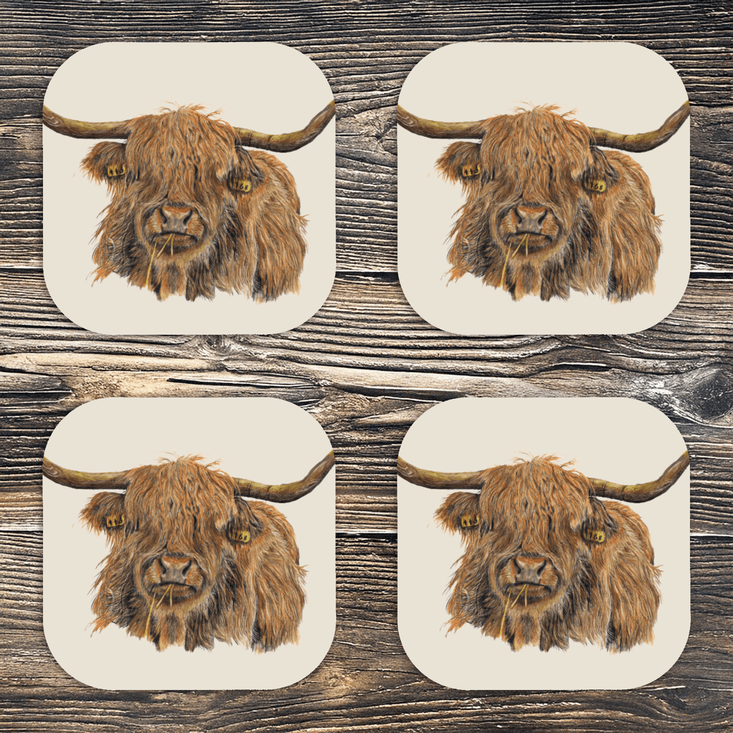 Highland Cow Luxury Wooden Coasters Set Of 4 | Hand Drawn Artwork - Art by Jay | Wildlife Art