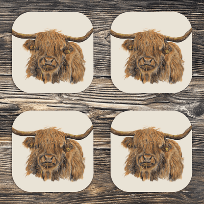 Highland Cow Luxury Wooden Coasters Set Of 4 | Hand Drawn Artwork - Art by Jay | Wildlife Art
