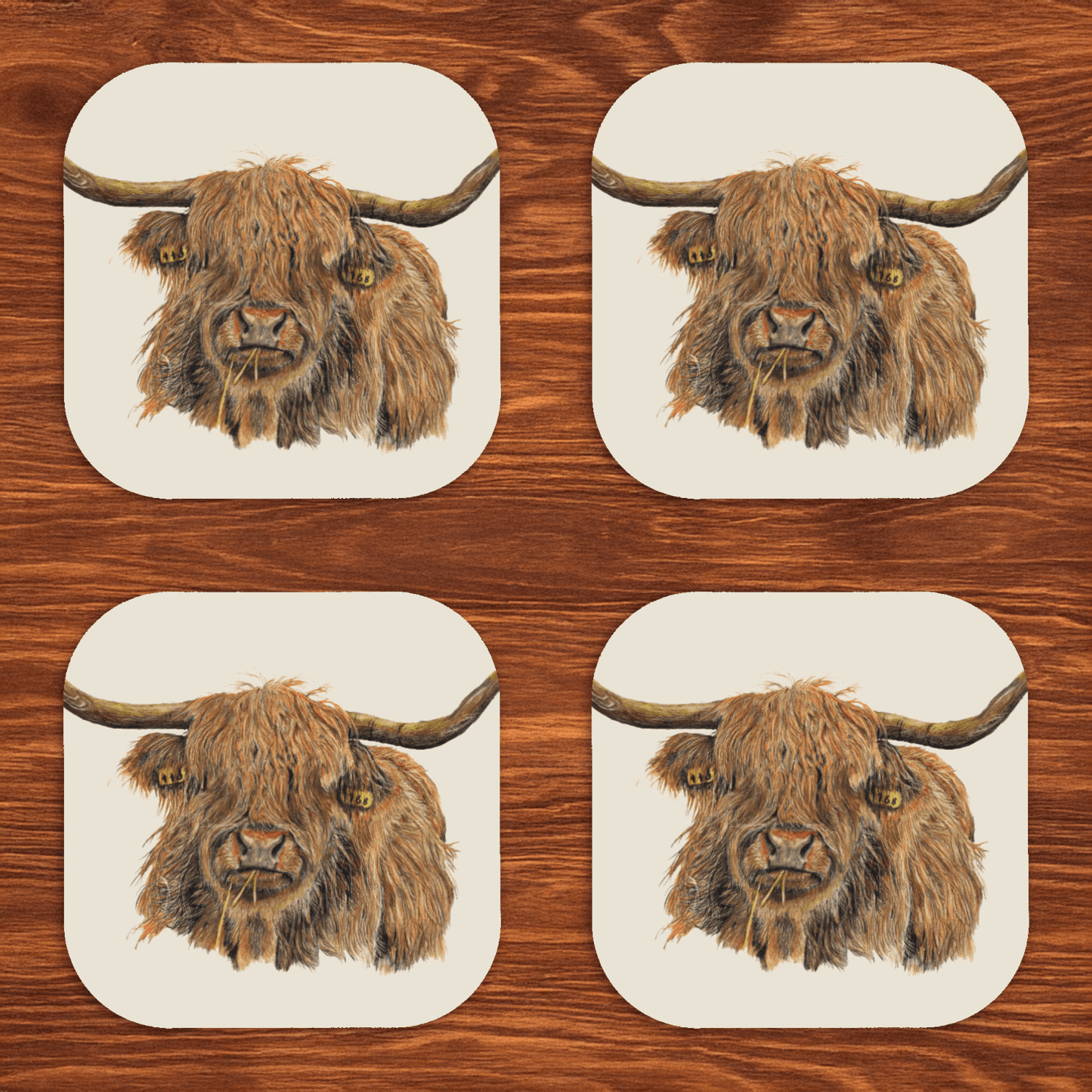 Highland Cow Luxury Wooden Coasters Set Of 4 | Hand Drawn Artwork - Art by Jay | Wildlife Art