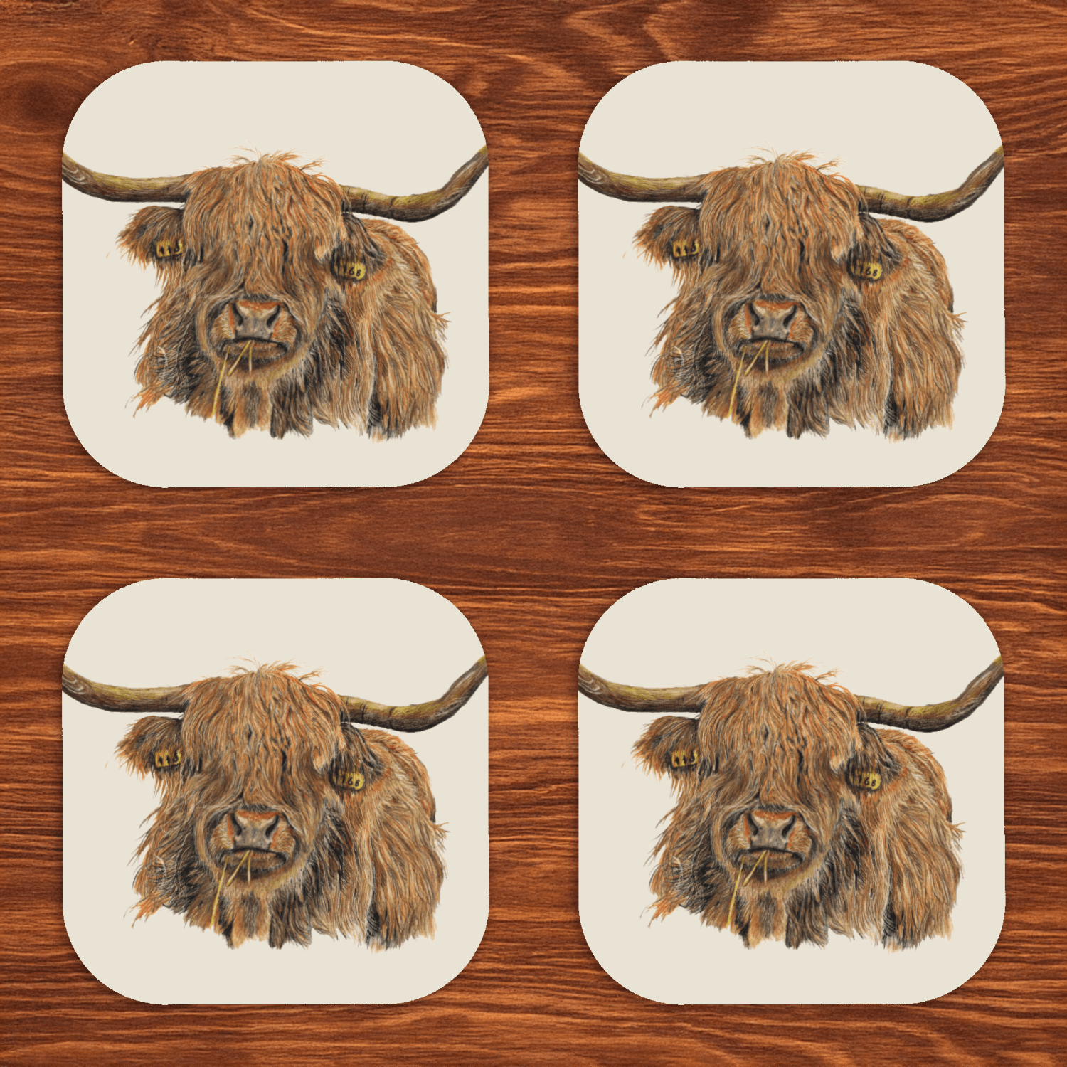 Highland Cow Luxury Wooden Coasters Set Of 4 | Hand Drawn Artwork - Art by Jay | Wildlife Art