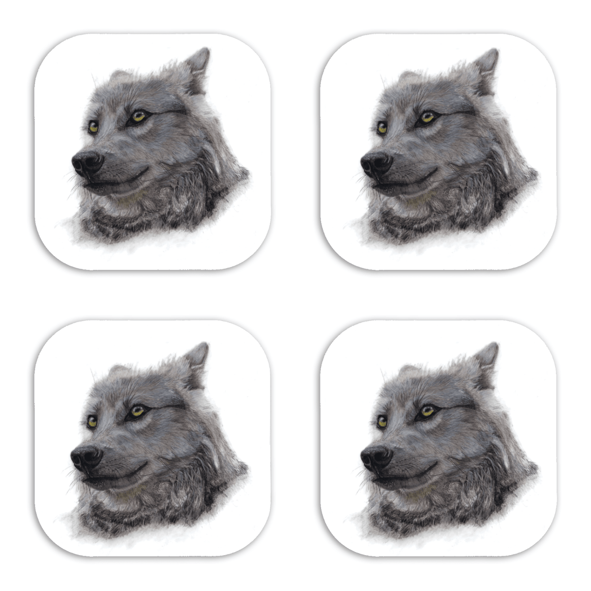 Wolf coaster set featuring coloured-pencil wildlife artwork