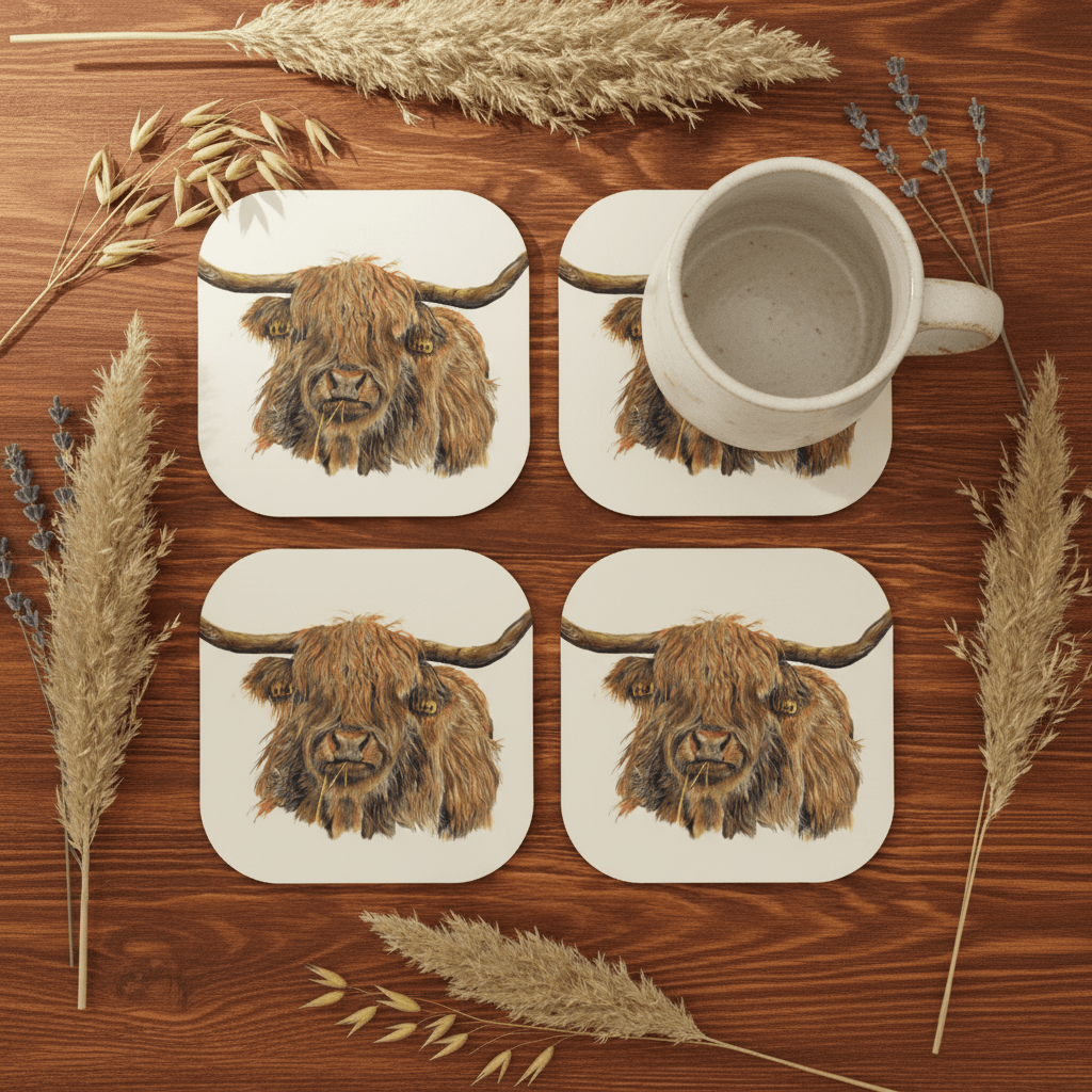 Overhead flat lay with highland cow coasters