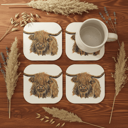 Overhead flat lay with highland cow coasters
