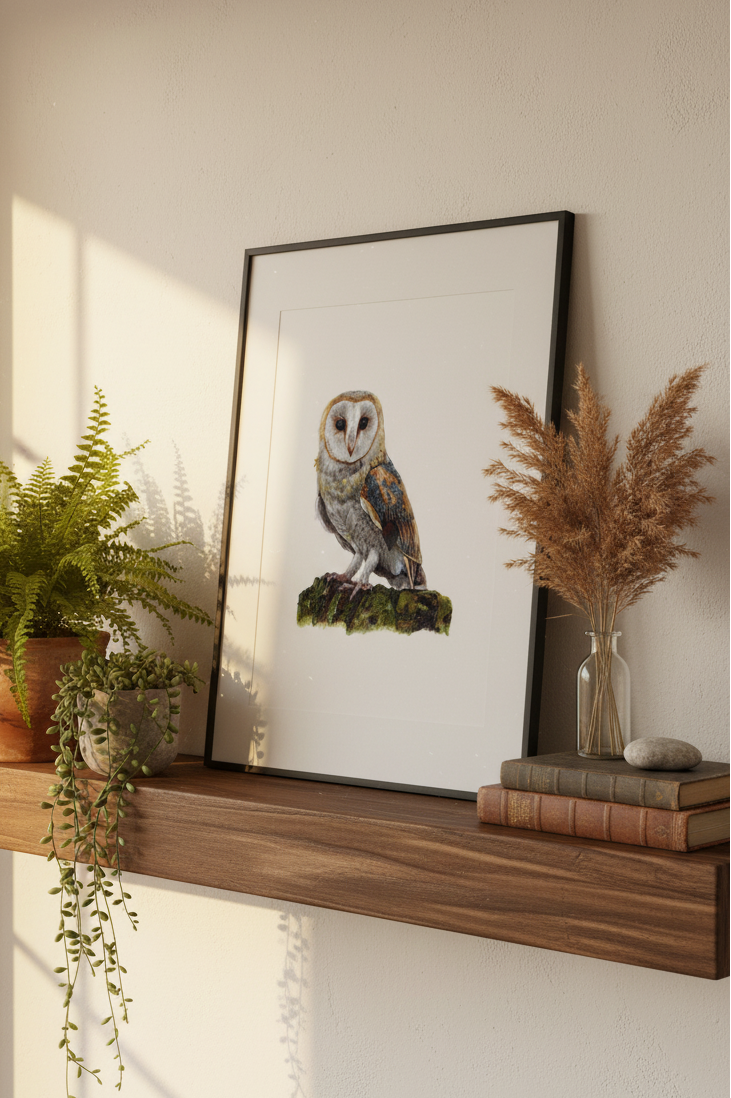 Print leaning on shelf with decor