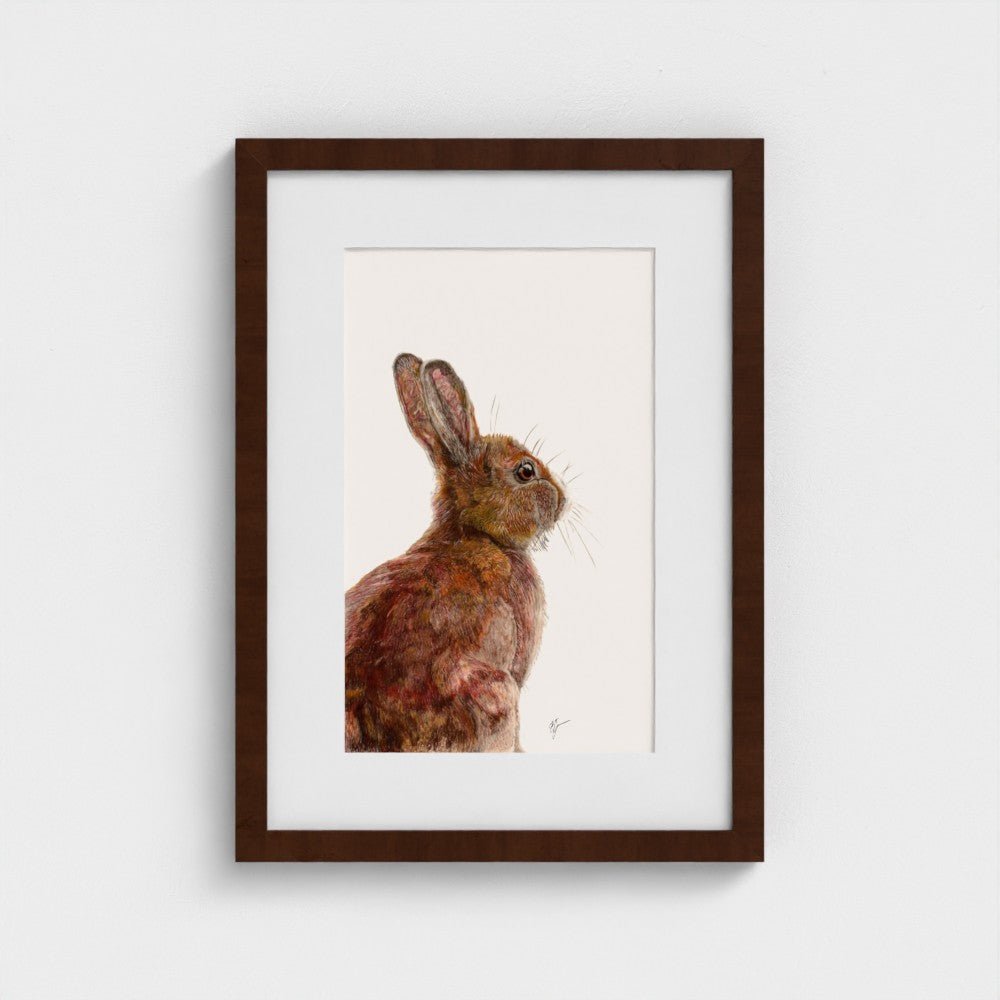 Framed artwork of a rabbit on a white background