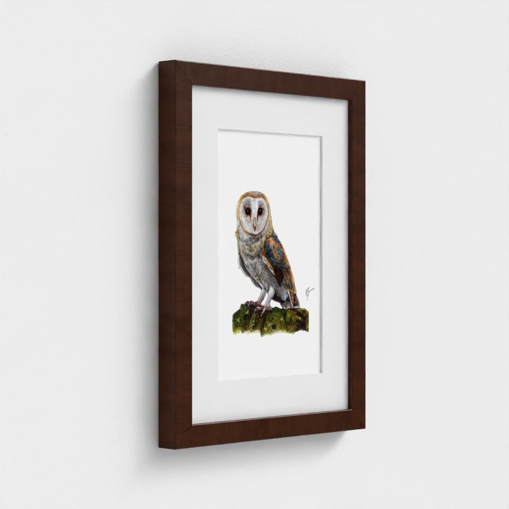 Framed artwork of an owl on a white background