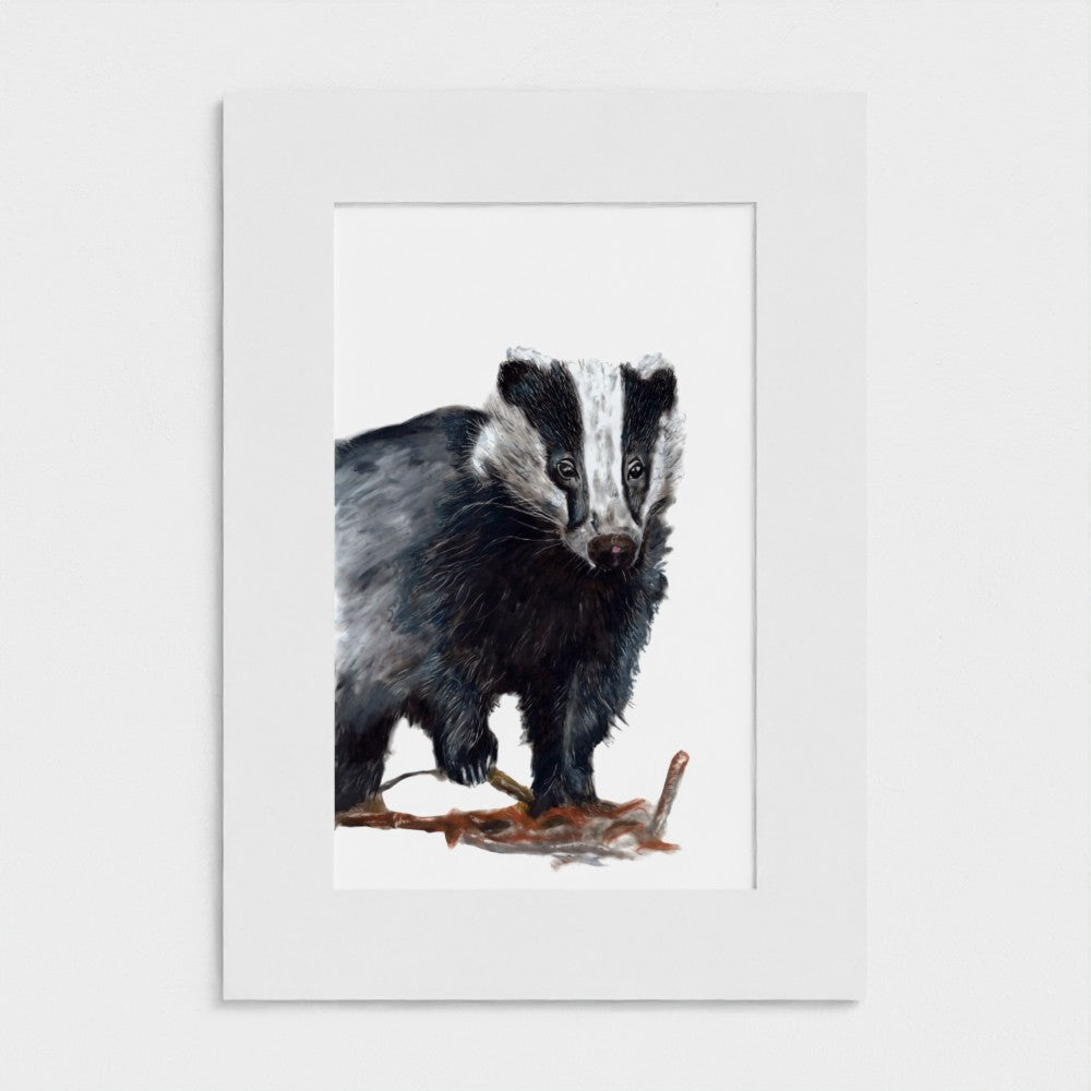 Settled In badger art print with mount