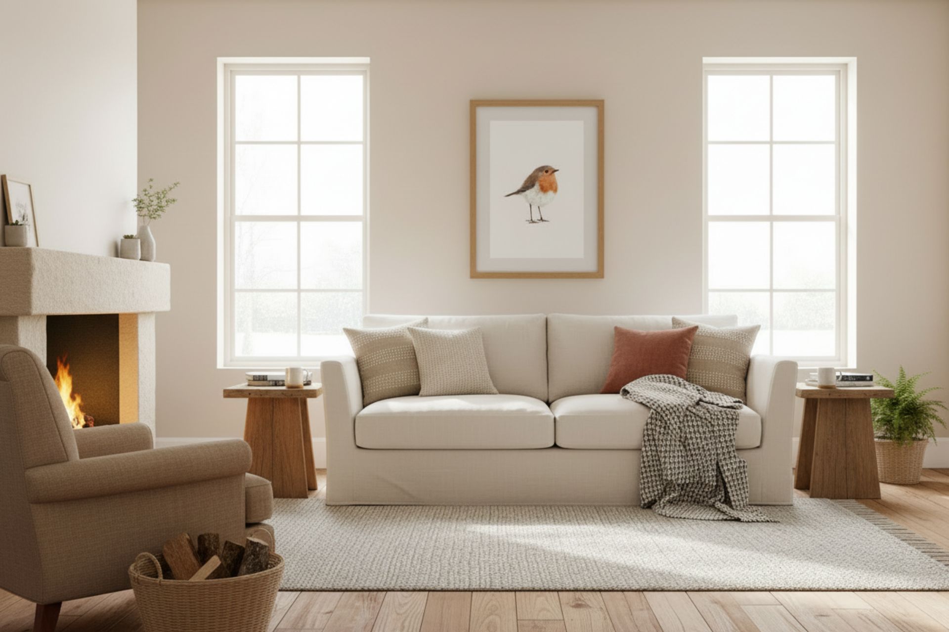 Cozy living room with beige sofa, armchair, and fireplace.
