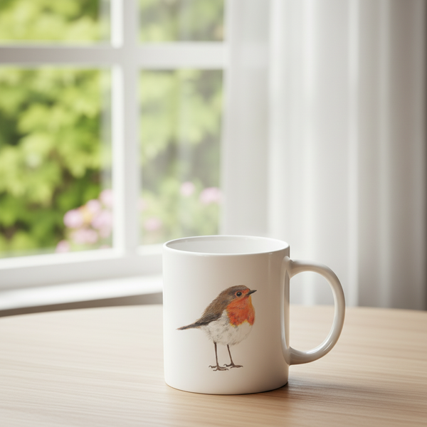 Robin mug on neutral table