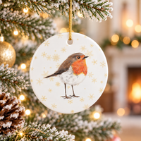 Round robin Christmas tree ornament hanging on a frosted tree with warm festive lights