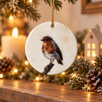 Snowflake Robin ceramic Christmas decoration hanging in a cosy festive home