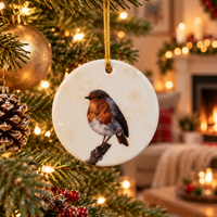 Snowflake Robin ceramic Christmas tree ornament with gold hanging cord