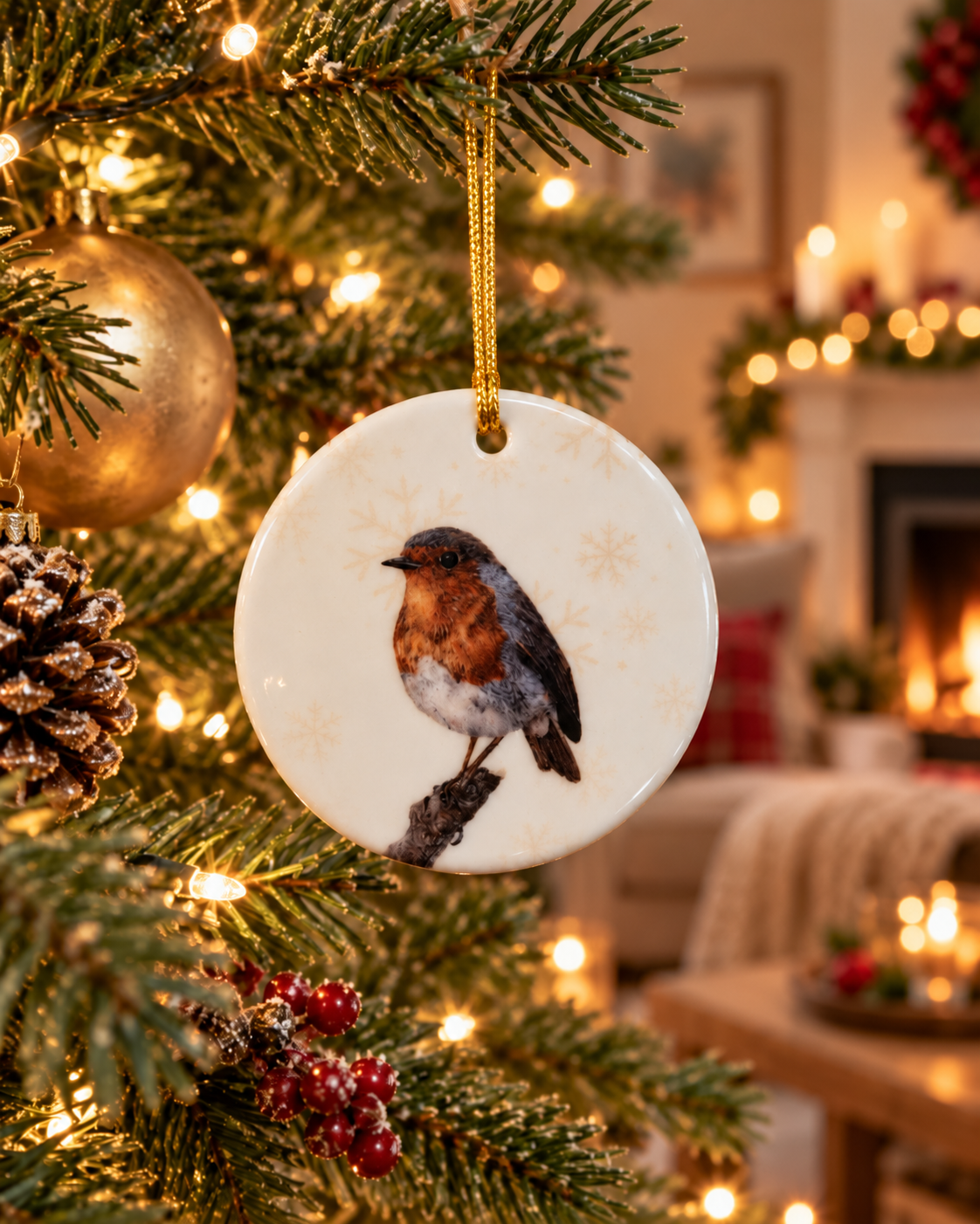 Snowflake Robin ceramic Christmas tree ornament with gold hanging cord