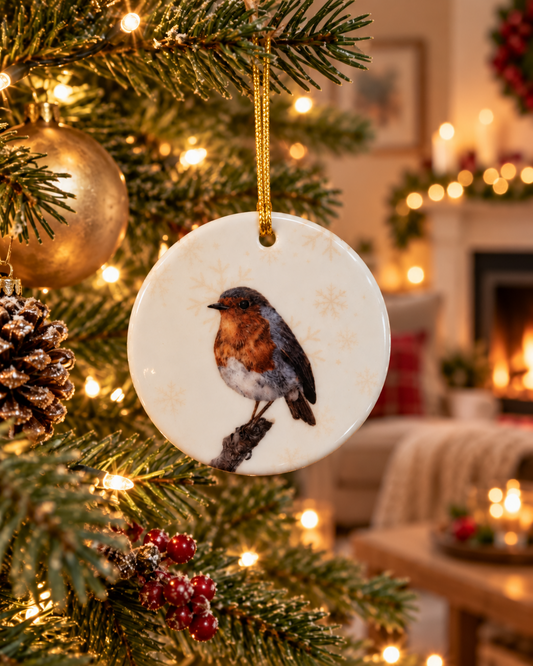 Snowflake Robin ceramic Christmas tree ornament with gold hanging cord