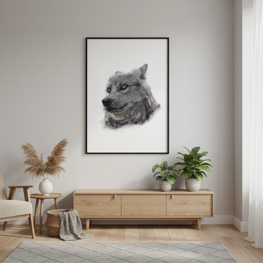 Wolf art in minimalist Scandinavian room