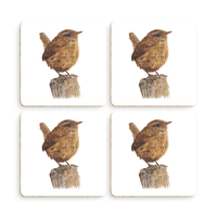 Set of four Wren coasters featuring Little Fierce coloured-pencil British bird artwork
