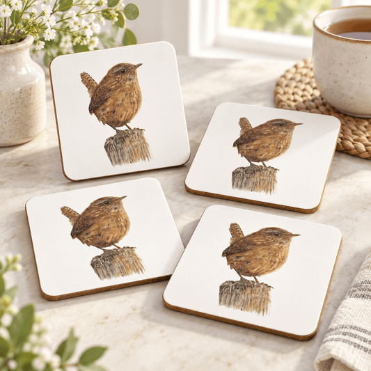 Wren coaster set of four styled for tea time in a warm countryside home